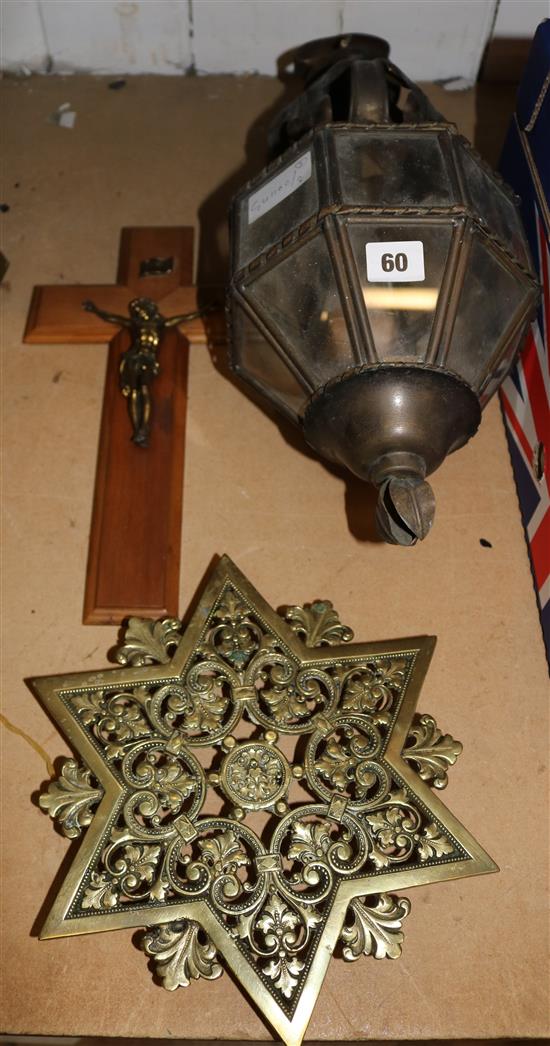Lantern, brass pot stand & crucifix